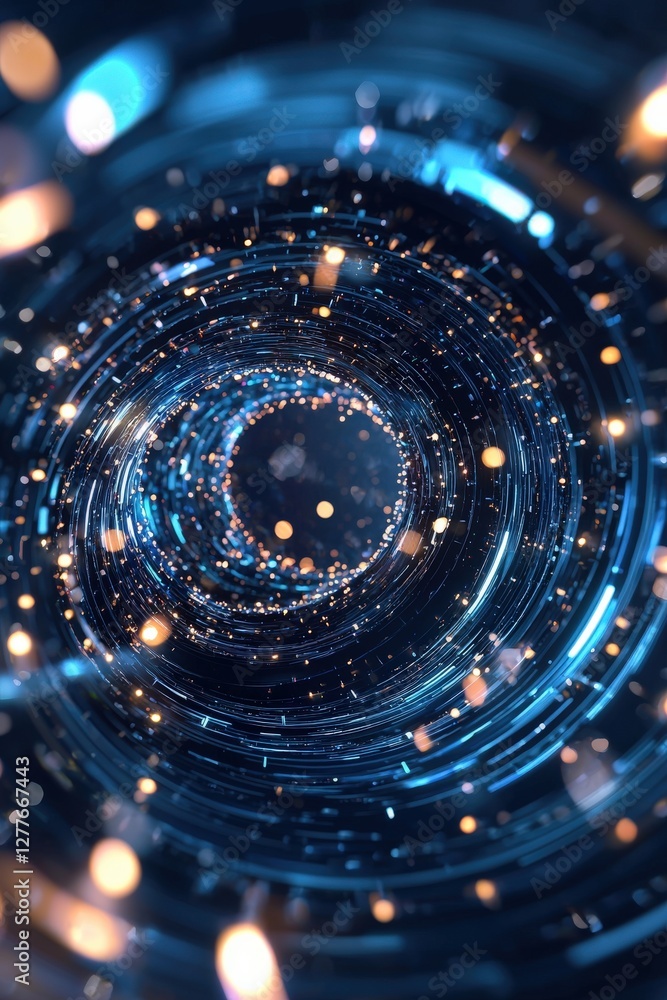 Poster abstract light tunnel with glowing particles and depth