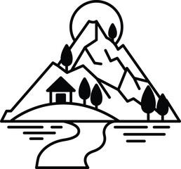 mountain with a house and a river in the foreground