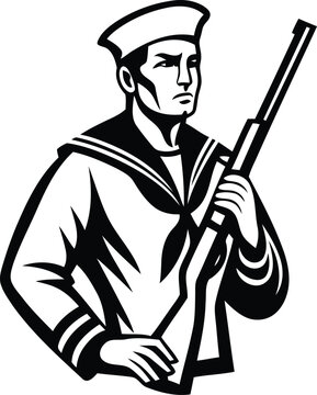 black and white sailor holding rifle clip art preview
