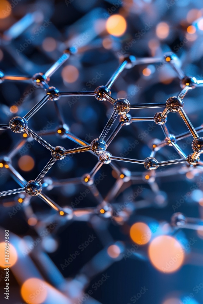 Poster abstract molecular structure with blue bokeh background