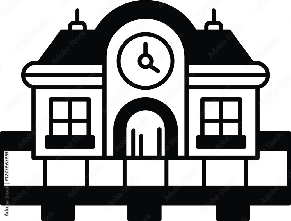 Poster building with a door and a clock on the front