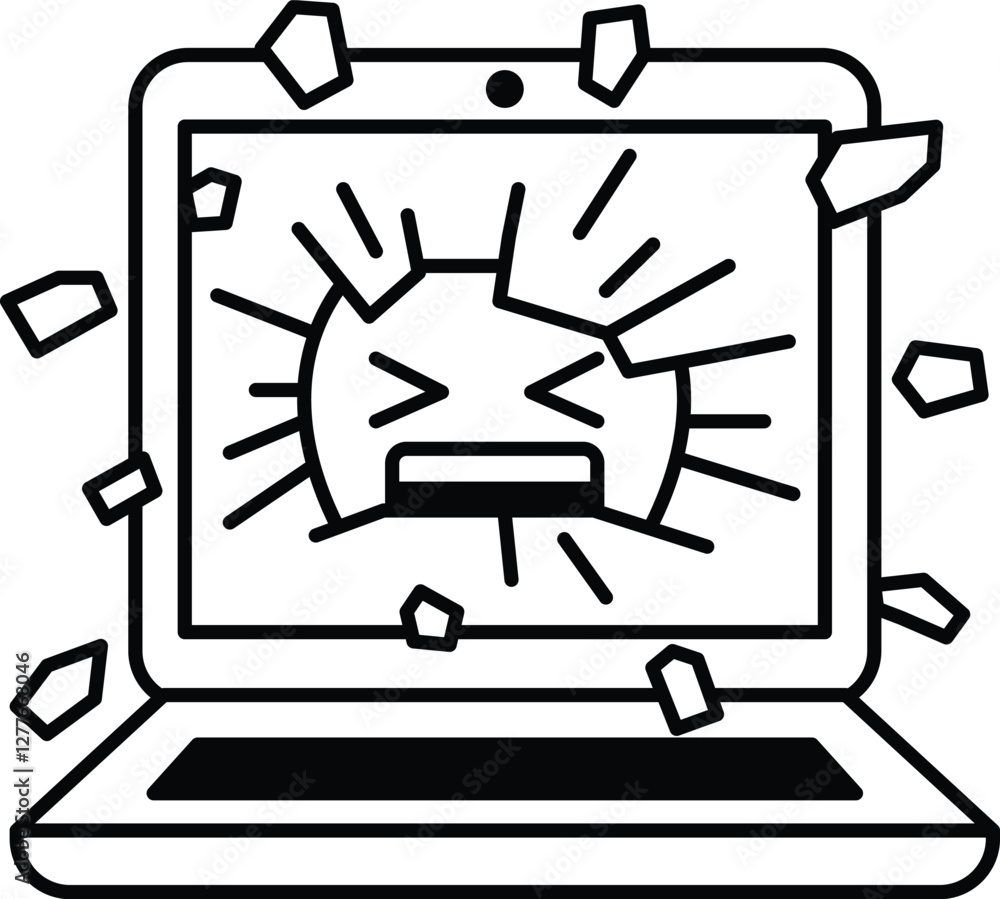 Poster laptop screen with a red face and a circle with a black line through it