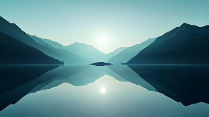 Serene sunrise over calm lake, mountains reflecting, peaceful scene, ideal for meditation or travel brochures