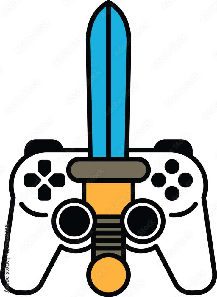 Poster a video game controller with a sword on top of it
