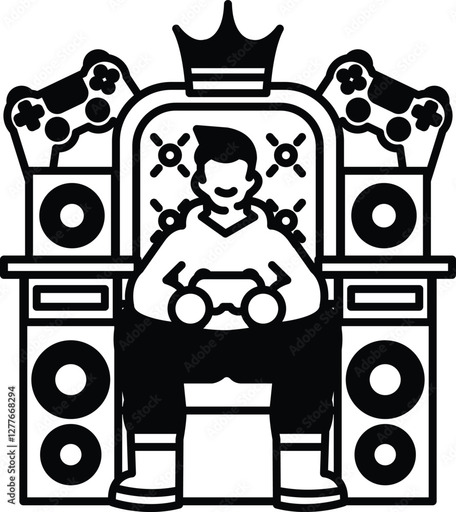 Poster man is sitting on a throne in front of a video game console