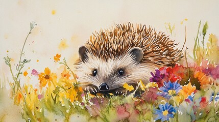 Watercolor hedgehog art with colourful flowers on a creamy background cute animal illustration