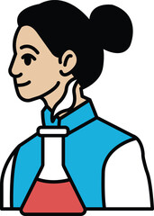 A woman wearing a blue vest and a white shirt holding a beaker