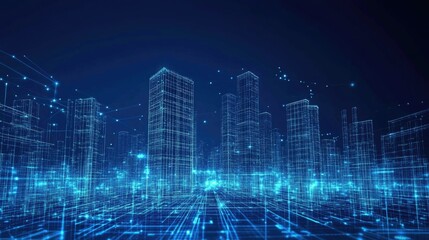 Fototapeta premium Digital Metropolis, A Wireframe Cityscape at Night