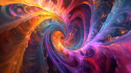 Fototapeta premium A vibrant fractal artwork depicts swirling, intertwined cosmic forms in intense orange, blue, and purple hues