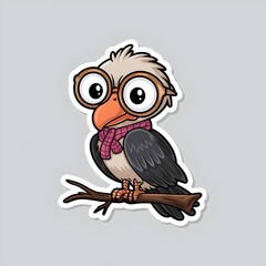 Cartoon Vulture Bird Sticker, Glasses, Scarf, Branch, Cute