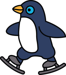A cartoon penguin is skating on ice