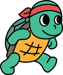 cartoon turtle wearing a bandana and a headband is running