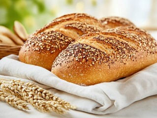 Savor the goodness of Freshly baked whole grain bread on a linen cloth, emphasizing traditional organic nutrition, a culinary masterpiece Experience the rustic charm and wholesome benefits of artisan