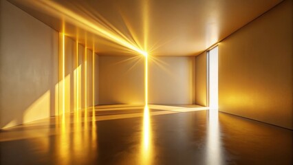 Fototapeta premium Illuminated Empty Room with Golden Hues and Light Beams Reflecting on Polished Floor