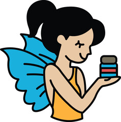 cartoon girl with a butterfly on her back holding a bottle