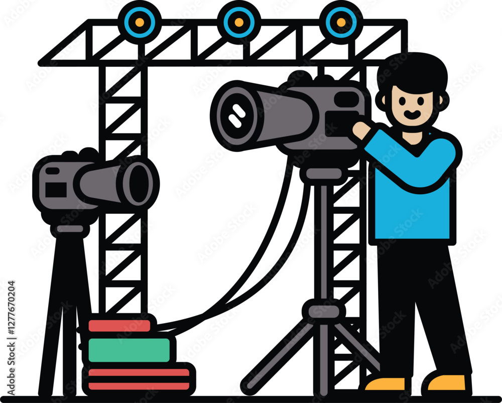 Poster man is setting up a camera on a tripod