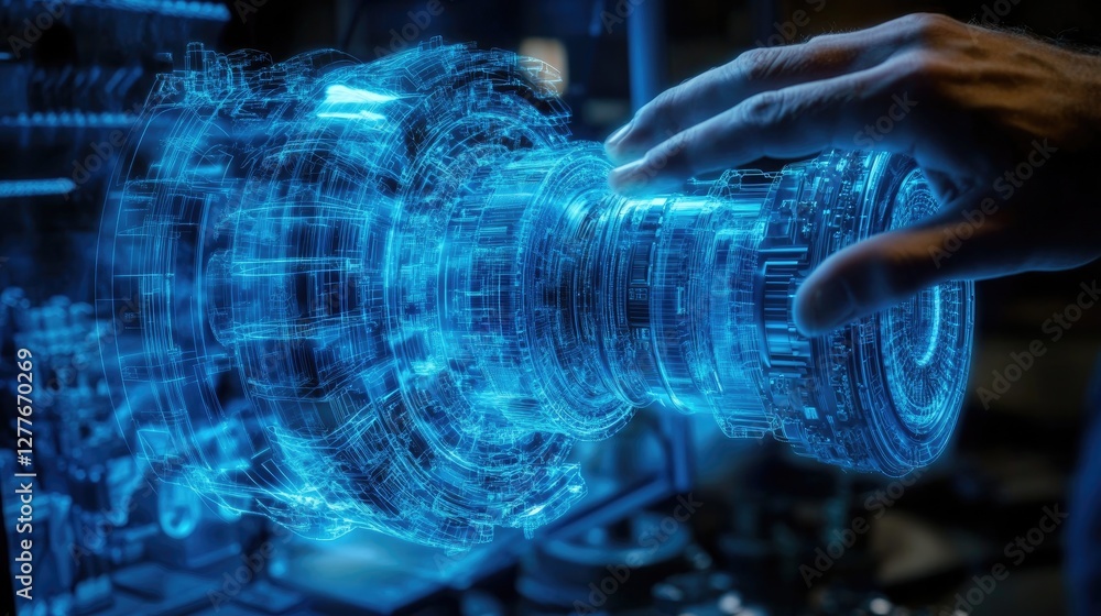 Aufkleber digital hologram of a complex machine interacted with by a hand