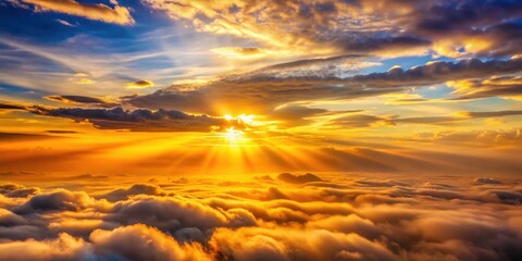 Golden Hour Celestial Canvas A Breathtaking Aerial View of Sunbeams Piercing Through a Sea of Clouds at Sunset