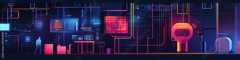 Poster futuristic data center with a man observing systems