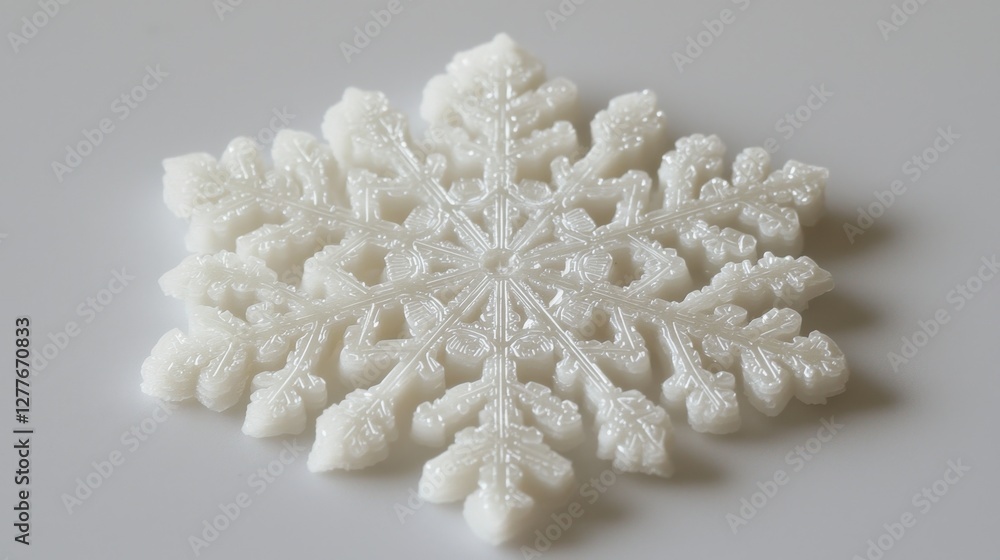 Poster a single snowflake resting on a smooth white surface, intricate crystalline structure visible.