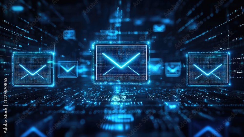 Poster digital email network, a futuristic visualization of email communication in a cyberspace, showcasing