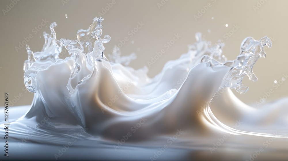 Poster a dynamic splash of milk, showcasing smooth waves and droplets, creating an artistic representation 