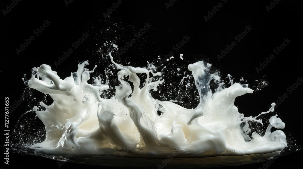 Poster a dynamic splash of milk captures the essence of freshness and fluidity, displaying intricate patter