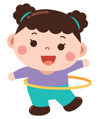 A cheerful and playful cartoon illustration of a young girl having fun with a hula hoop