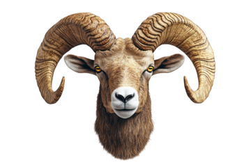 A detailed illustration of a ram's head with prominent horns and expressive eyes.