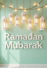 Elegant lanterns with Ramadan Mubarak greeting on soft pastel green background. AI generated 