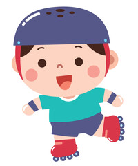 Cute cartoon illustration of a joyful child roller skating, wearing a protective helmet and safety gear