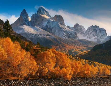 Rocky mountain range covered in golden autumn leaves 