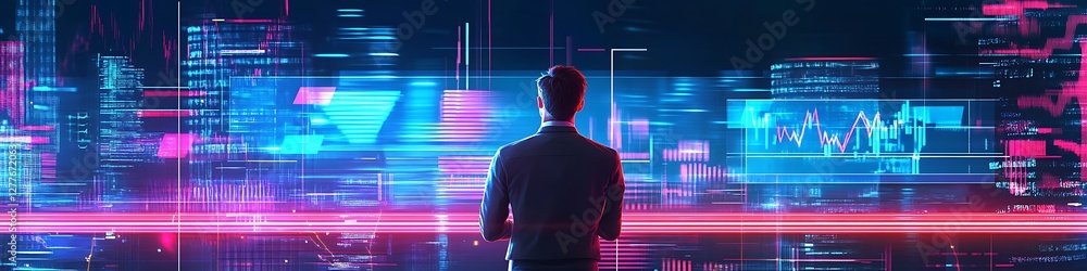 Poster man observing futuristic city data streams and charts