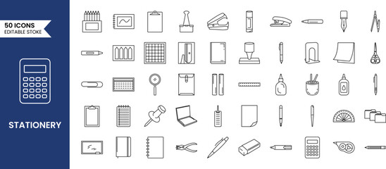 School and office supplies. Stationery set in line style vector illustration