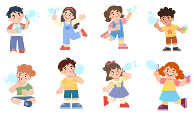 Illustration set of children playing blowing bubbles with soap