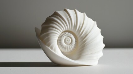 Obraz premium A white seashell with a spiral pattern, casting subtle shadows on a clean background.
