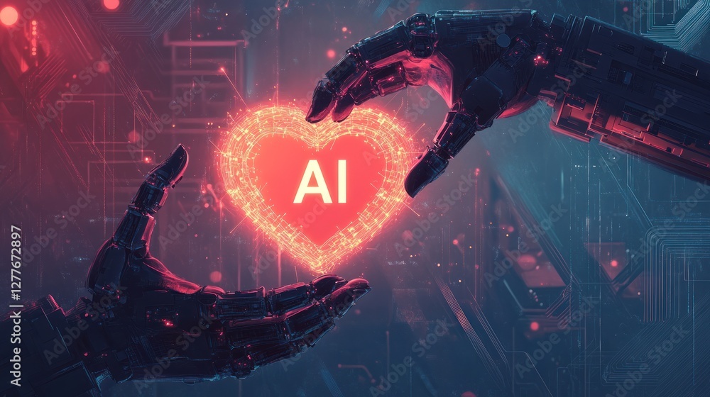 Poster a futuristic representation of artificial intelligence symbolized by robotic hands forming a heart a