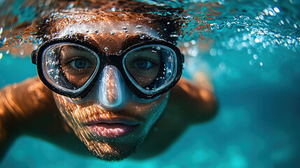 Naklejka premium Swimmer pushing off the wall in an underwater shot, bubbles trailing as they gain speed