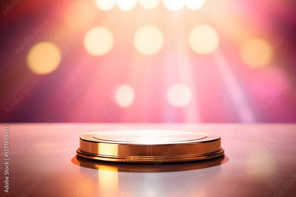 Poster empty gold metallic podium on pink bokeh background. round platform stage for product display presen