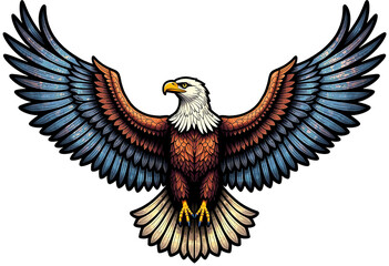 Obraz premium 3D Glittering Stained Glass Bald Eagle: Ultra-Detailed Design in Flight, Bright Colors, White Background, Digital Art Style, Intricate Stained Glass.