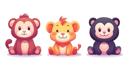 Naklejka premium Cute cartoon animals, sitting, happy, adorable, kid-friendly, illustration, digital art, childish, design, clipart, vector, graphic, flat, adorable animals, design elements.