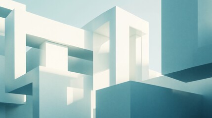 Abstract Geometric Composition of Interlocking White and Blue Shapes Against a Pale Blue Background
