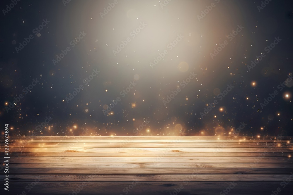 Aufkleber empty wooden table with glowing golden particles and bokeh lights in dark background. abstract spark