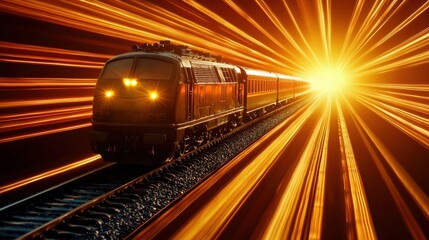 Fototapeta premium Bright Train Speeding Through a Dynamic Sunset