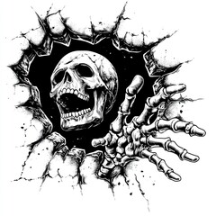 Skull and Hand Breaking Through Wall   Black and White Illustration