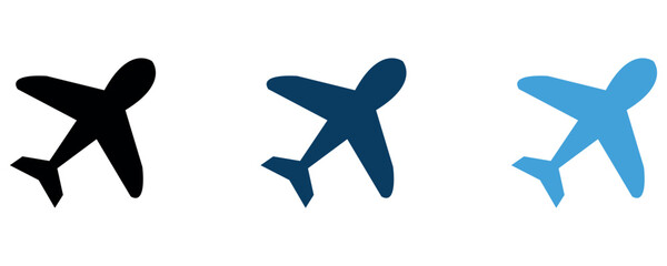 Airplane aviation icons vector set, aircraft flat icons, airplane in three different color, airplane silhouette vectors isolated on white background.