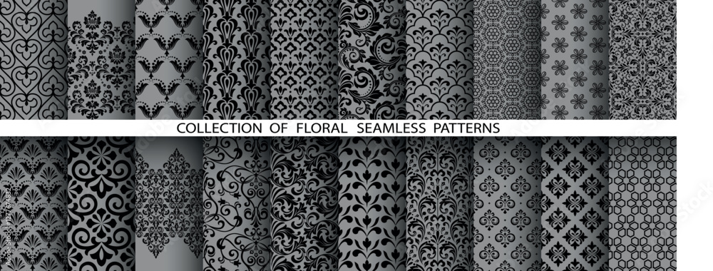 Poster geometric floral set of seamless patterns. gray and black vector backgrounds. damask graphic ornamen