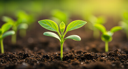 Fototapeta premium Green Seedlings Growing in Soil with Sunlight