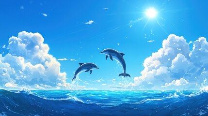Naklejka premium Two Dolphins Leaping Joyfully in a Sunny Ocean