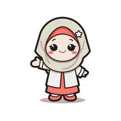 A Charming Chibi Illustration of a Smiling Muslim Girl in a Cute Beige Hijab and Modest Outfit 